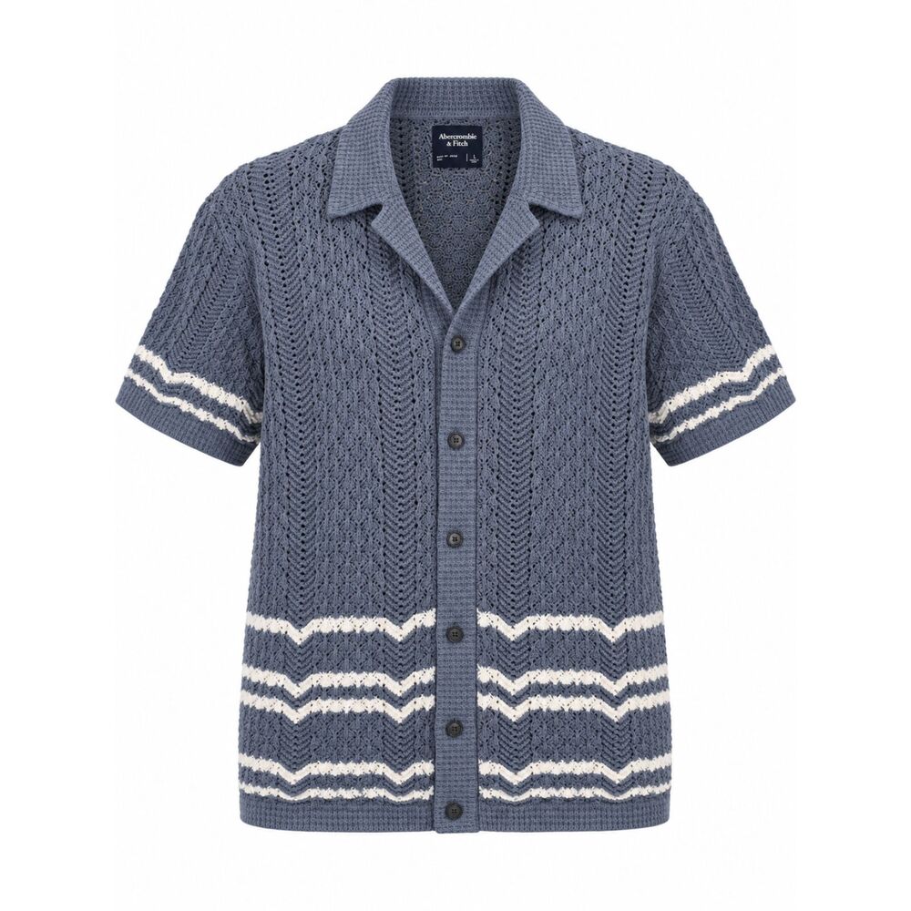 Abercrombie & Fitch Men’s L Blue Open-Stitch Stripe Button-Through Knit Polo